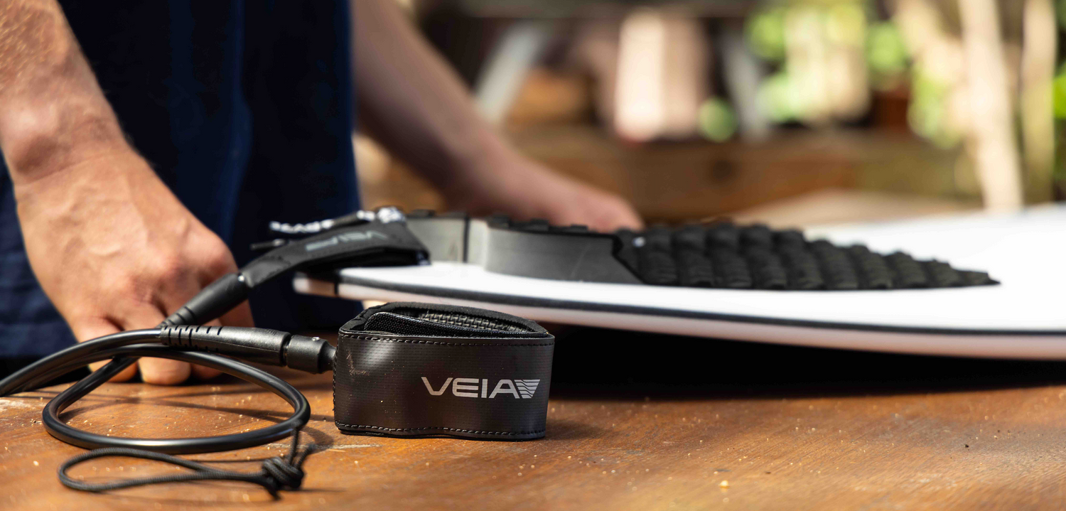 Closeup of VEIA JJF Pro Leash on a Pyzel Surfboard